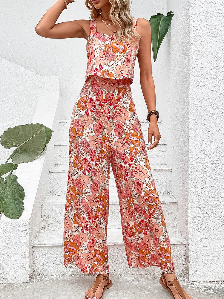 Elegant Long Jumpsuit Women Sexy Backless Wide Leg Jumpsuits Casual Sleeveless Floral Rompers Summer Clothes For Woman 2025 New
