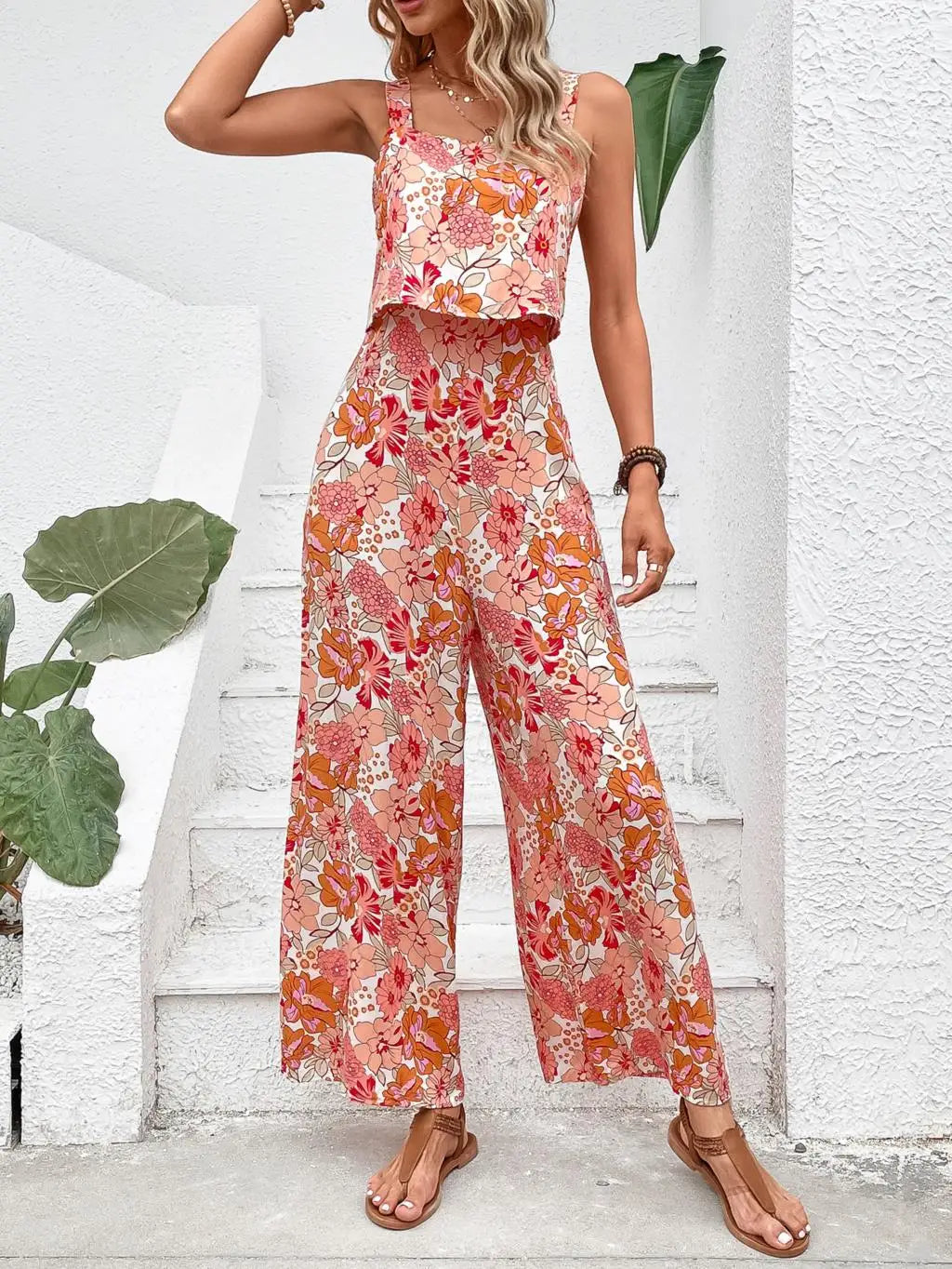 Elegant Long Jumpsuit Women Sexy Backless Wide Leg Jumpsuits Casual Sleeveless Floral Rompers Summer Clothes For Woman 2025 New