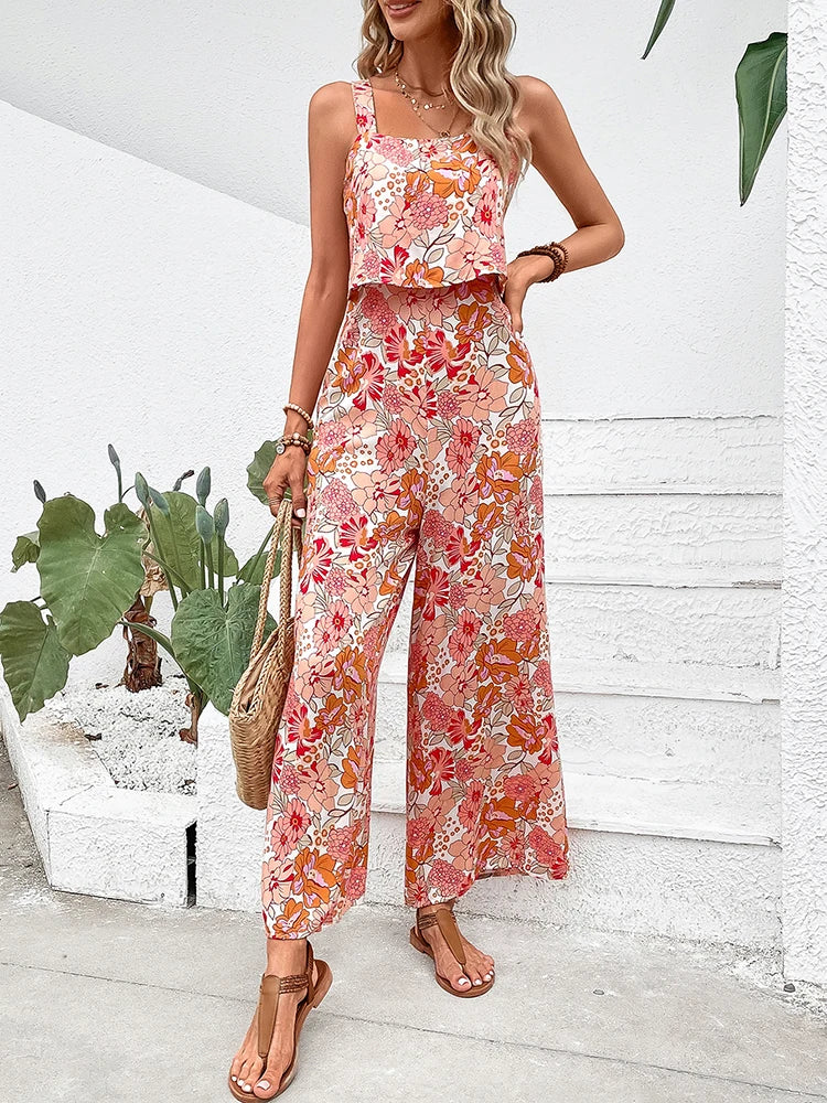 Elegant Long Jumpsuit Women Sexy Backless Wide Leg Jumpsuits Casual Sleeveless Floral Rompers Summer Clothes For Woman 2025 New