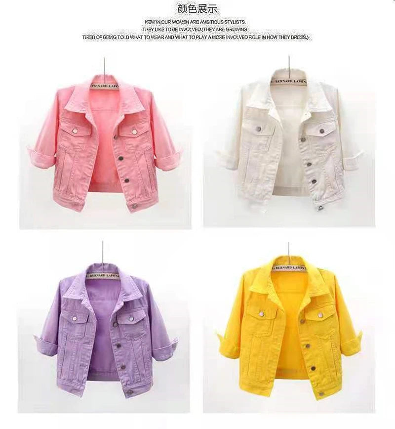 2024 New Women Spring Autumn Denim Jacket Tops Pink Color Solid Short Multicolor Feminino Three Quarter Sleeve Jean Jacket