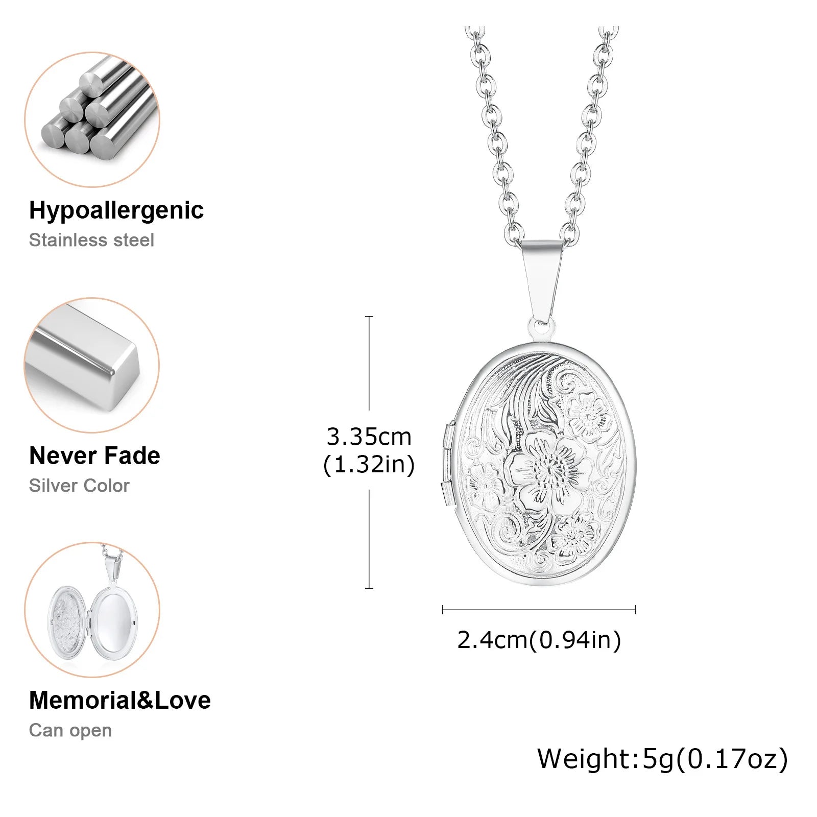 Vnox Never Fade Silver Color Stainless Steel Women Locket Pendant, Openable Heart Pendant Necklaces, Life Tree Floral Collar