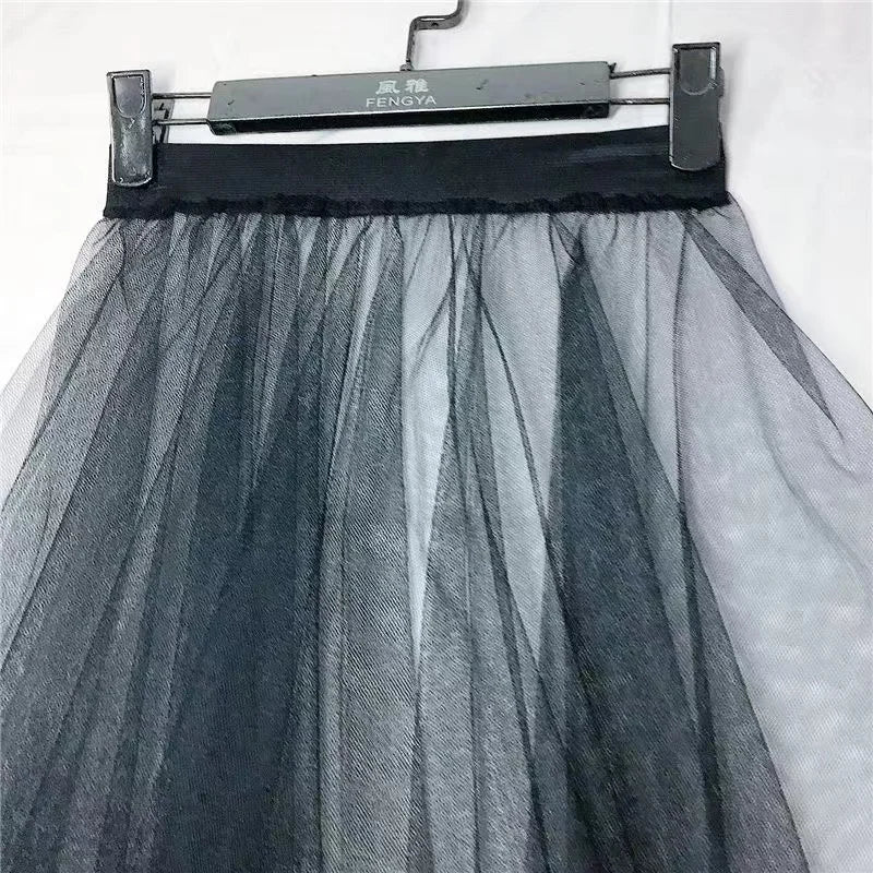 Black White Long Tulle Lace Mesh Skirt Women Petticoat Underskirt Summer Korean Irregular Cover Up Skirt Tutu Skirt For Girl