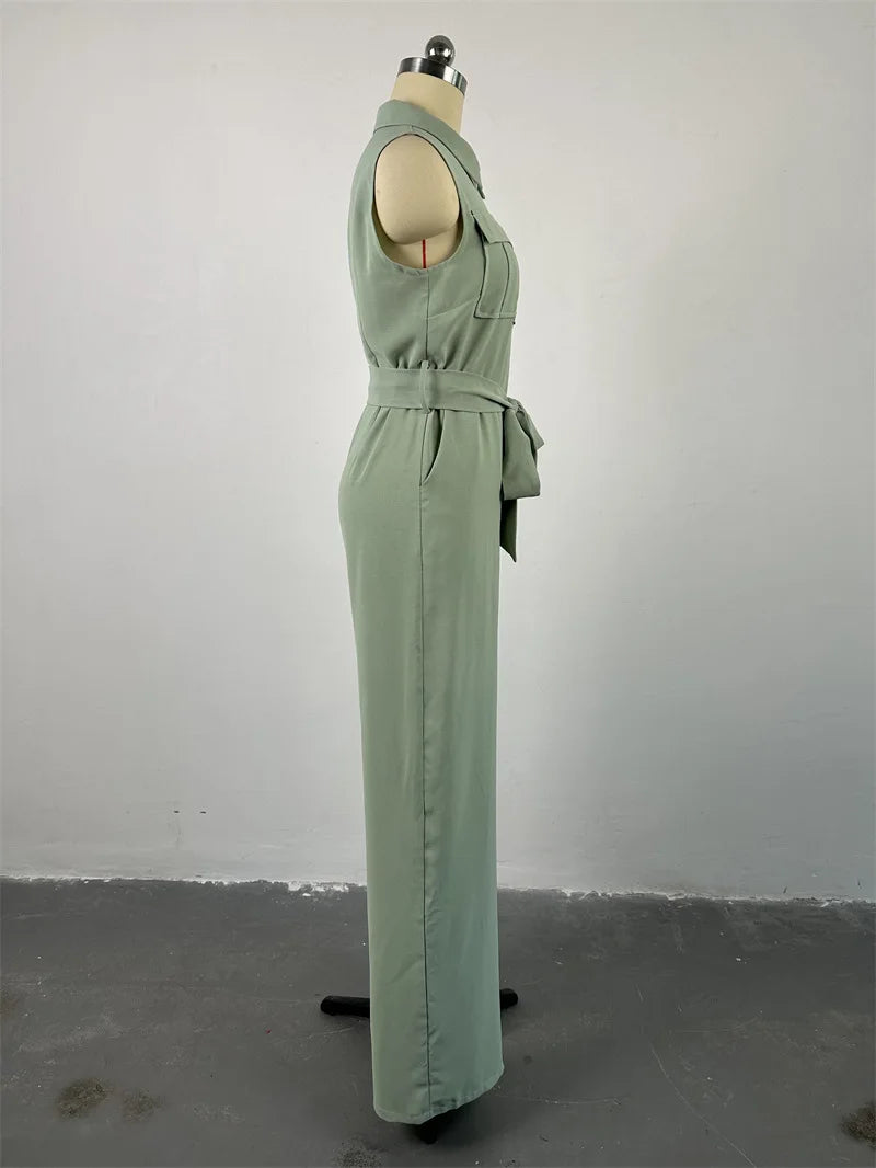 2024 Spring Summer Sleeveless Wide Leg Jumpsuit Women Turn-down Neck Pocket Front Zipper Fly Street One Piece Suit Playsuits
