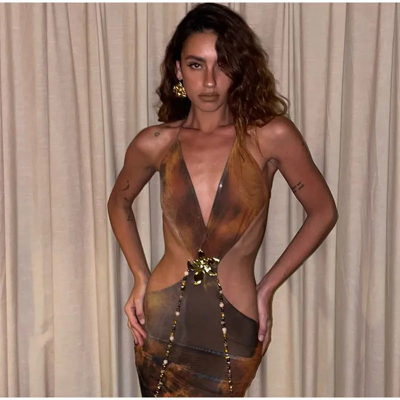 Sexy Printed V-neck Hollow Out Maxi Dress Women Fashion Backless Sleeveless High Waist Vestidos Summer Lady Party Dresses
