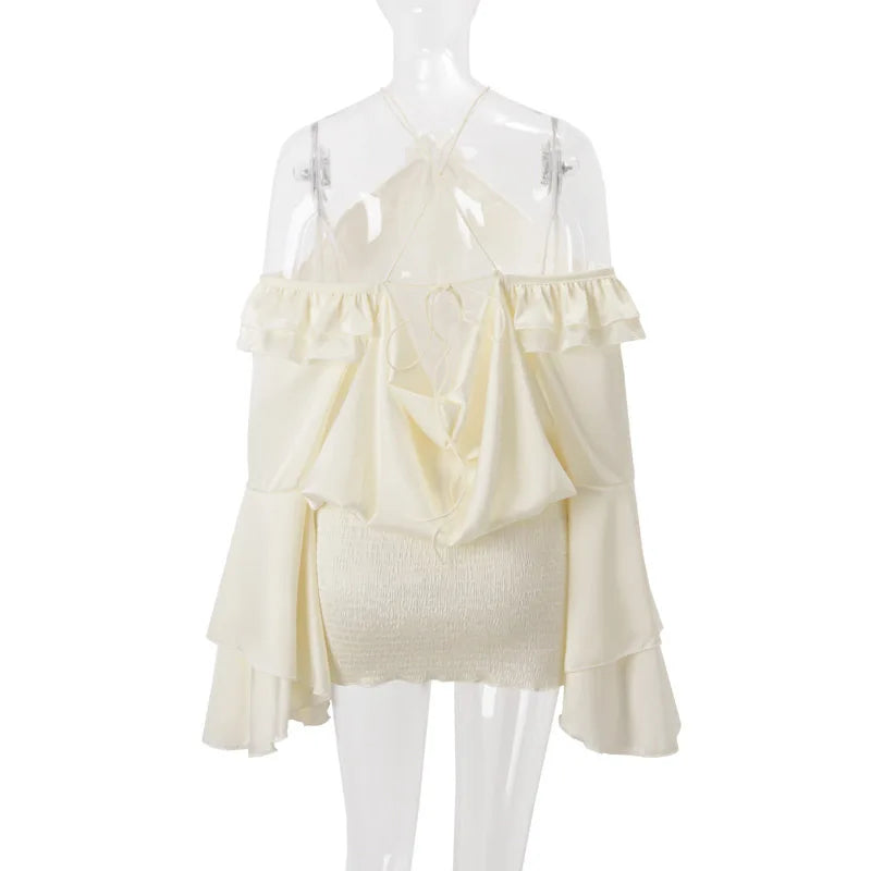Fashion Ruffles Hem Solid Mini Dress Women Elegant O-neck Lantern Sleeve Short Dresses 2025 New High Street Vocation Vestidos