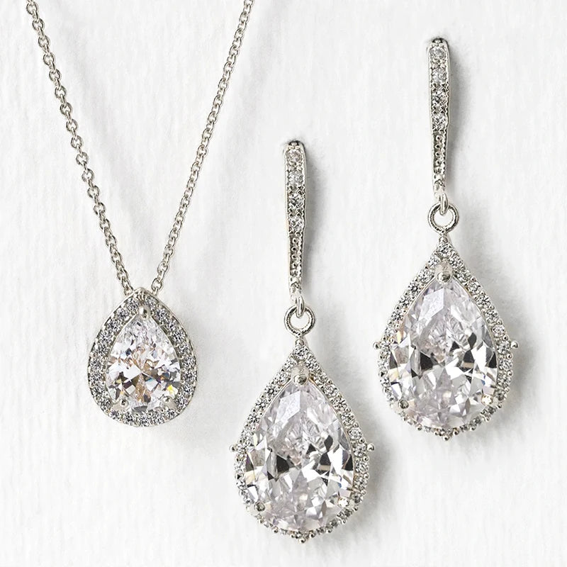 Huitan Fashion Women Water Drop CZ Pendant Necklace Silver Color O Chain Temperament Elegant Lady's Neck Accessories Hot Jewelry