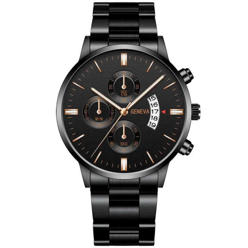 Leisure Business Fashion Men Black Stainless Steel Watch Luxury Calendar Quartz Wrist Watch Mens Business Watches for Man Clock