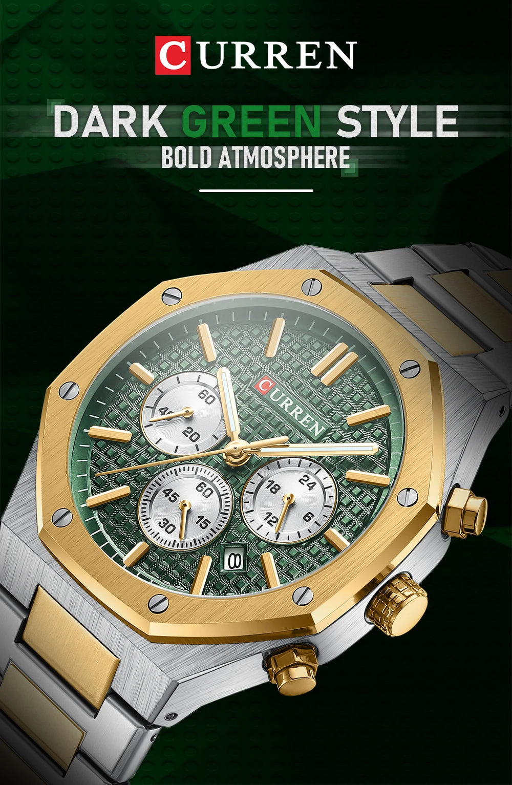 CURREN Fashion Casual Stainless Steel Band Quartz Wristwatches with Chronograph Waterproof Men's Watches