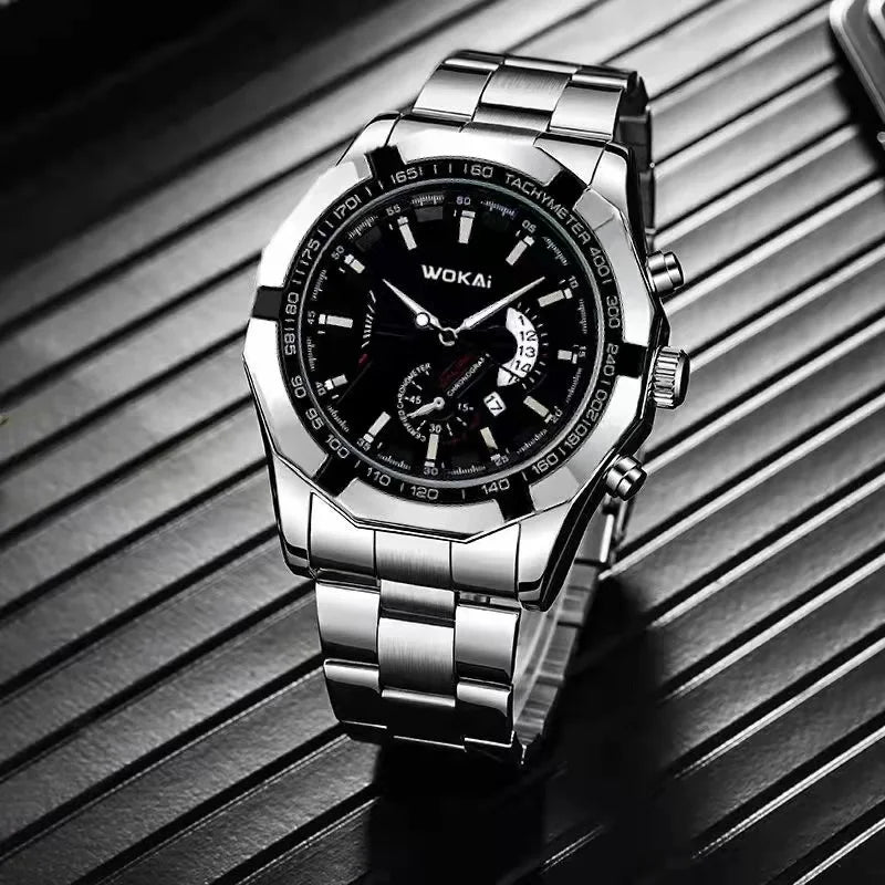 WOKAI high quality large dial men's European style waterproof luminous personality calendar watch boy business clock retro