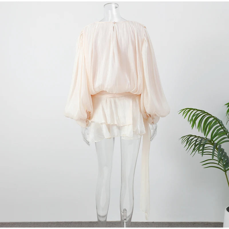 Fashion Ruffles Hem Solid Mini Dress Women Elegant O-neck Lantern Sleeve Short Dresses 2025 New High Street Vocation Vestidos