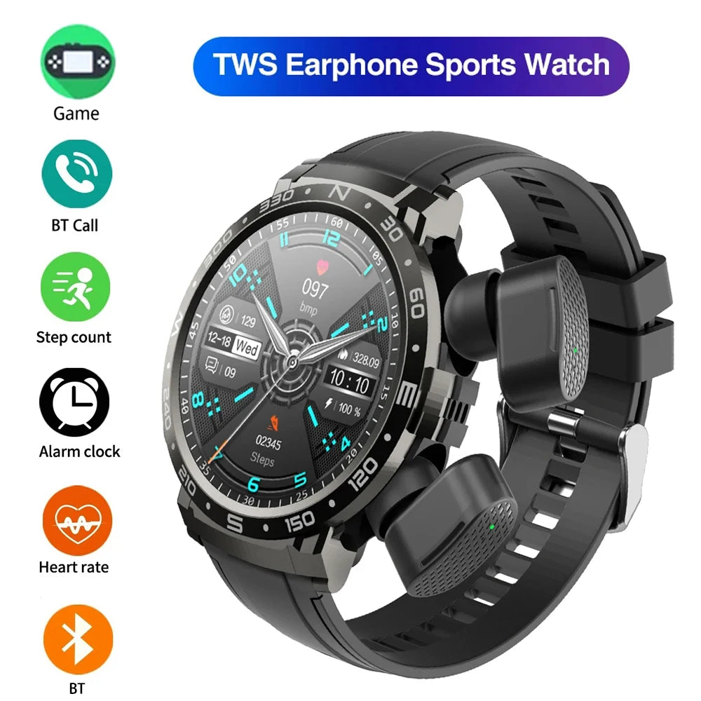 2 In 1 TWS Earphones Smart Watch Waterproof Wireless Bluetooth Dual Headset Call Health Blood Pressure Sports Music Smartwatch
