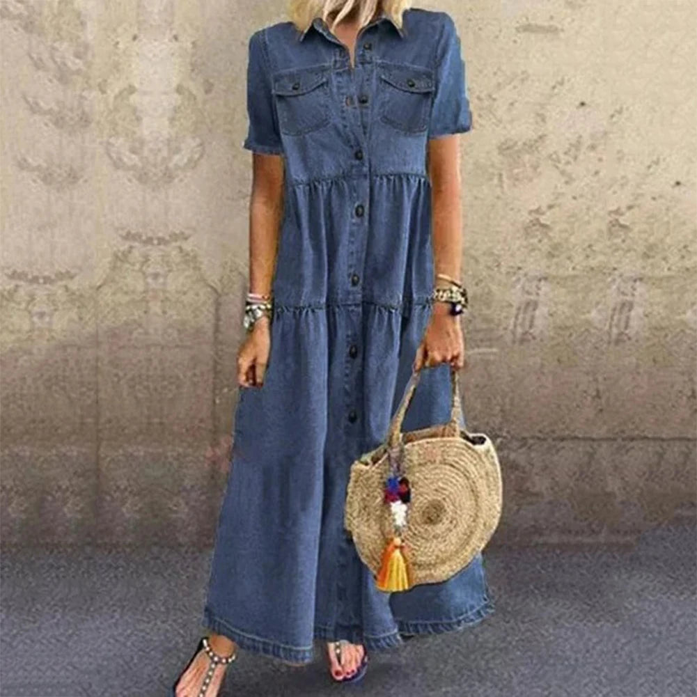 Retro Women Dresses 2022 Short Sleeve Turn Down Collar Pockets Button Long Loose Denim Dress Summer Long Dress
