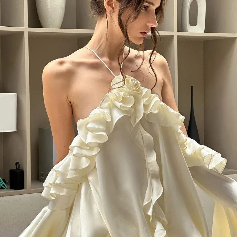 Fashion Ruffles Hem Solid Mini Dress Women Elegant O-neck Lantern Sleeve Short Dresses 2025 New High Street Vocation Vestidos