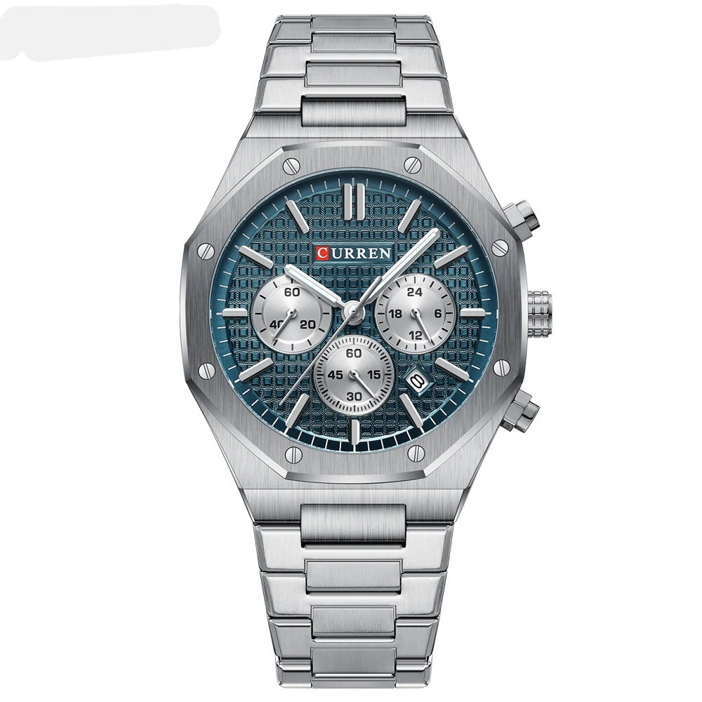 CURREN Fashion Casual Stainless Steel Band Quartz Wristwatches with Chronograph Waterproof Men's Watches