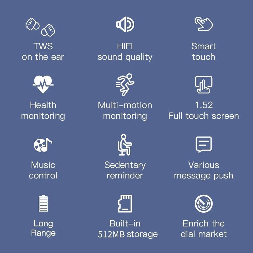 2 In 1 TWS Earphones Smart Watch Waterproof Wireless Bluetooth Dual Headset Call Health Blood Pressure Sports Music Smartwatch
