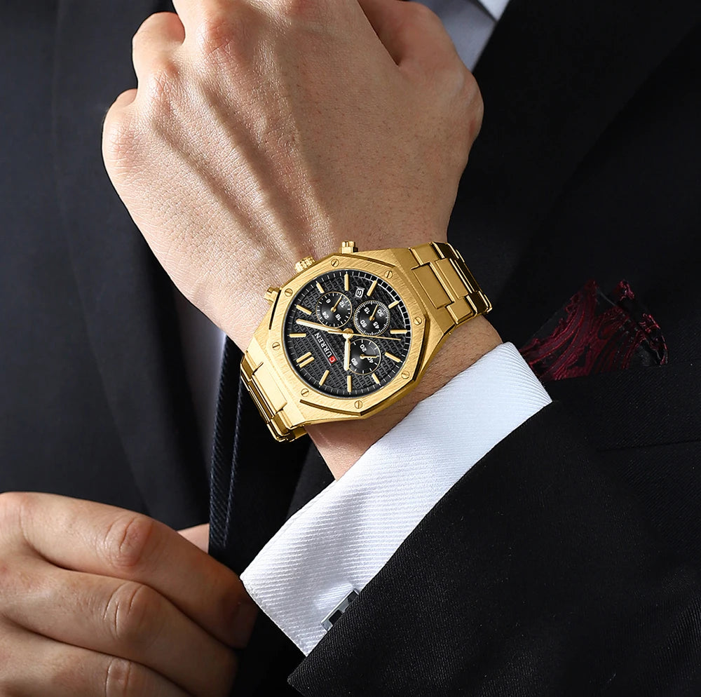 CURREN Fashion Casual Stainless Steel Band Quartz Wristwatches with Chronograph Waterproof Men's Watches