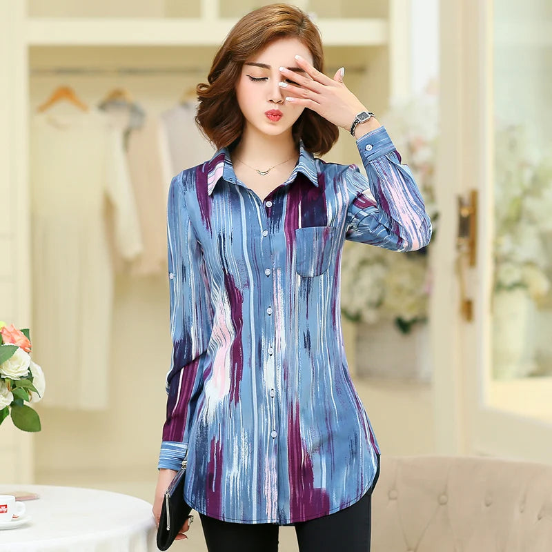 Women Striped Printed Long Sleeve Shirts 2023 New Ladies Loose X-Long Style Casual Shirt Tops Women Clothes Factory Wholesale