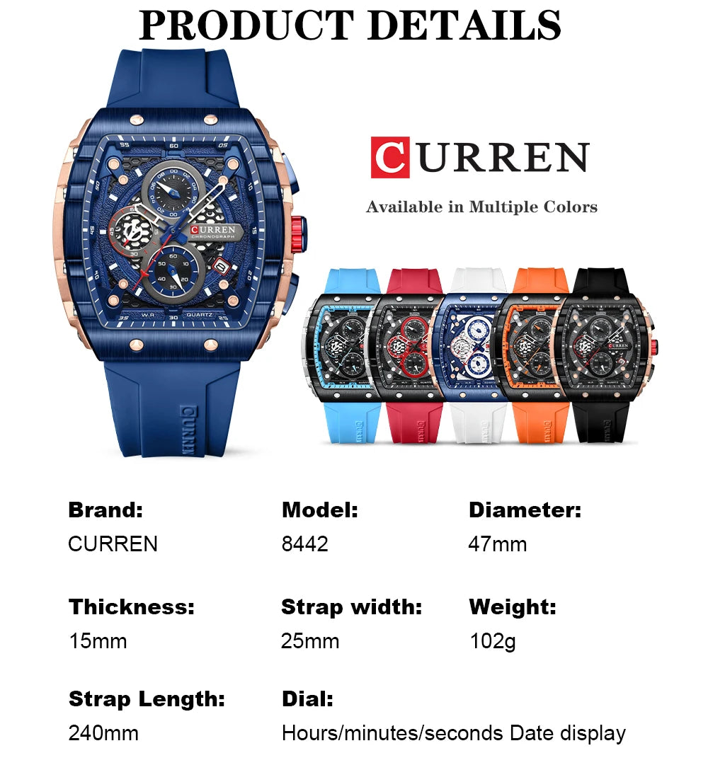 CURREN Sports Unique Rectangular Watches with Large Dial Casual Quartz Silicone Bands Wristwatches with Auto Date