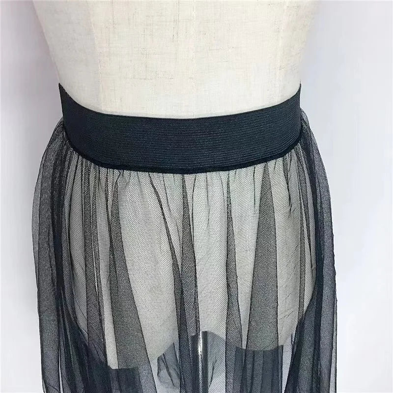 Black White Long Tulle Lace Mesh Skirt Women Petticoat Underskirt Summer Korean Irregular Cover Up Skirt Tutu Skirt For Girl