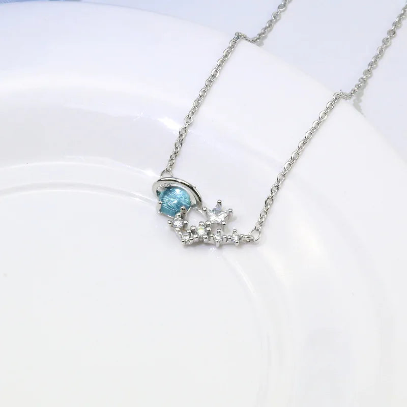 Blue Planet Meteor Shower Key Pendant Necklace Tiny Silver Color Clavicle Chain Collar for Women Friendship Jewelry