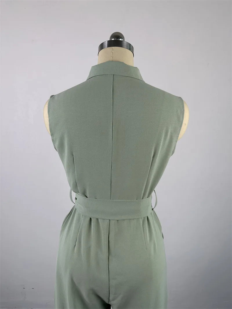 2024 Spring Summer Sleeveless Wide Leg Jumpsuit Women Turn-down Neck Pocket Front Zipper Fly Street One Piece Suit Playsuits