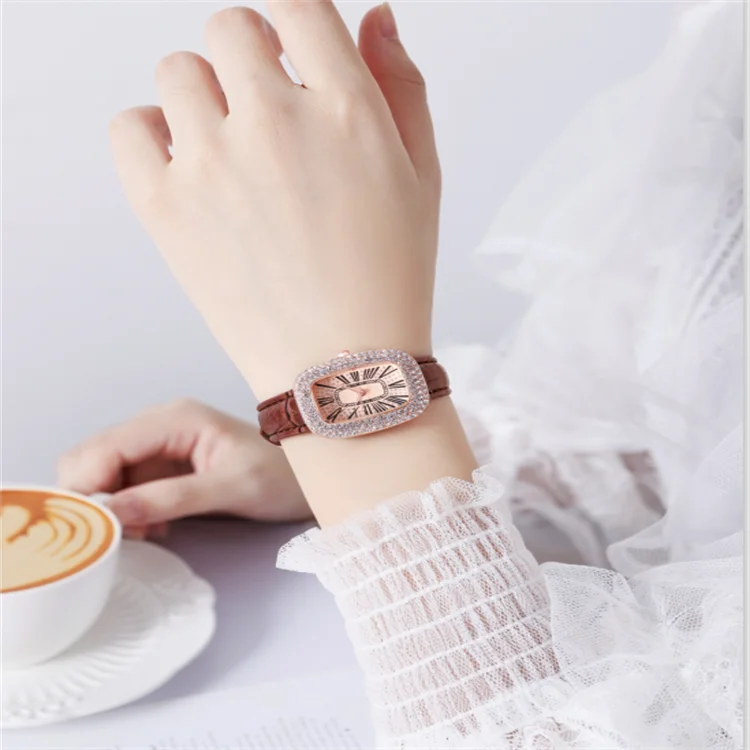 WOKAI high quality fashion luxury Full diamond Pigeon Egg Diamond Lady quartz belt Watch Girl student PROM clock vintage
