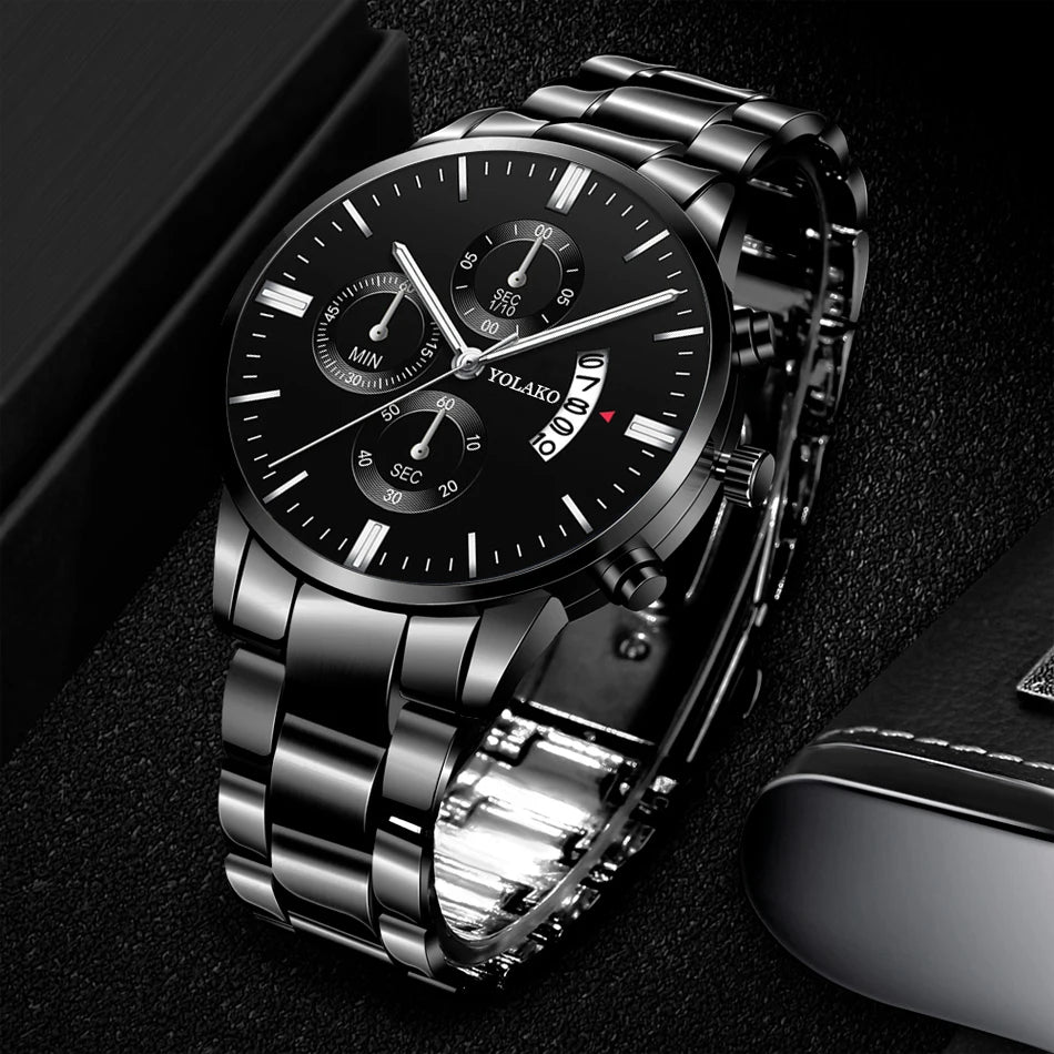 Luxury Men Steel Golden Watch Calendar Quartz Wristwatch Chain Bracelet Business Watches Man Clock for Men Relogio Masculino