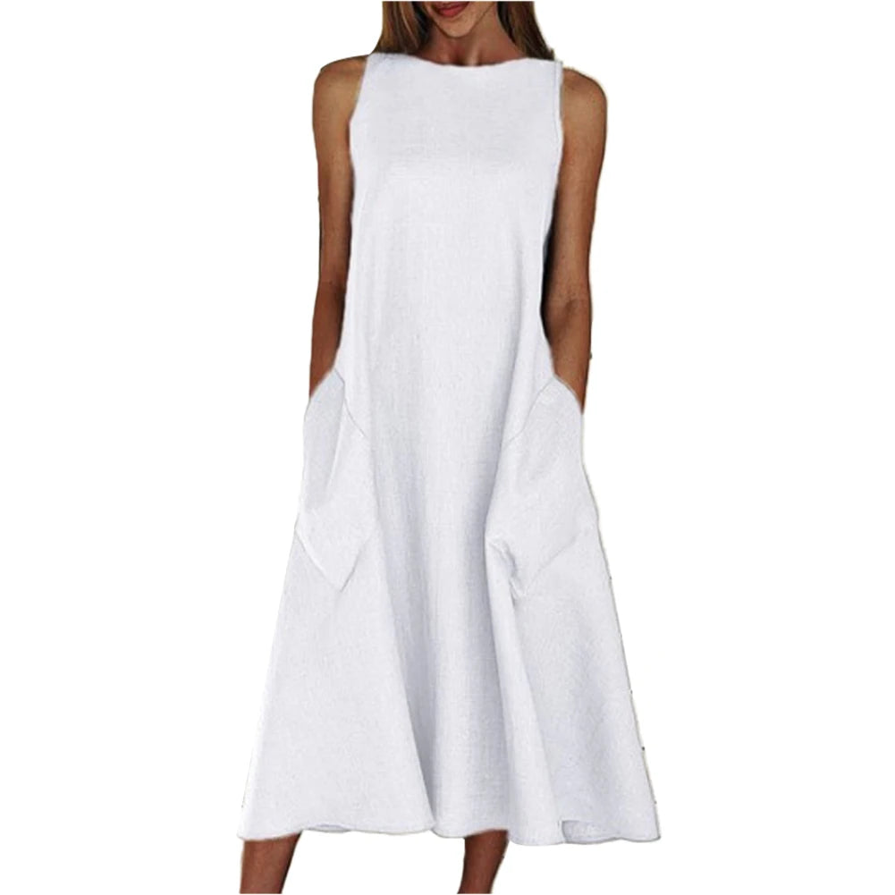 Summer Vintage Dress Women Sleeveless Solid Color O Neck Pockets Large Hem Casual Long Loose Dress Yellow