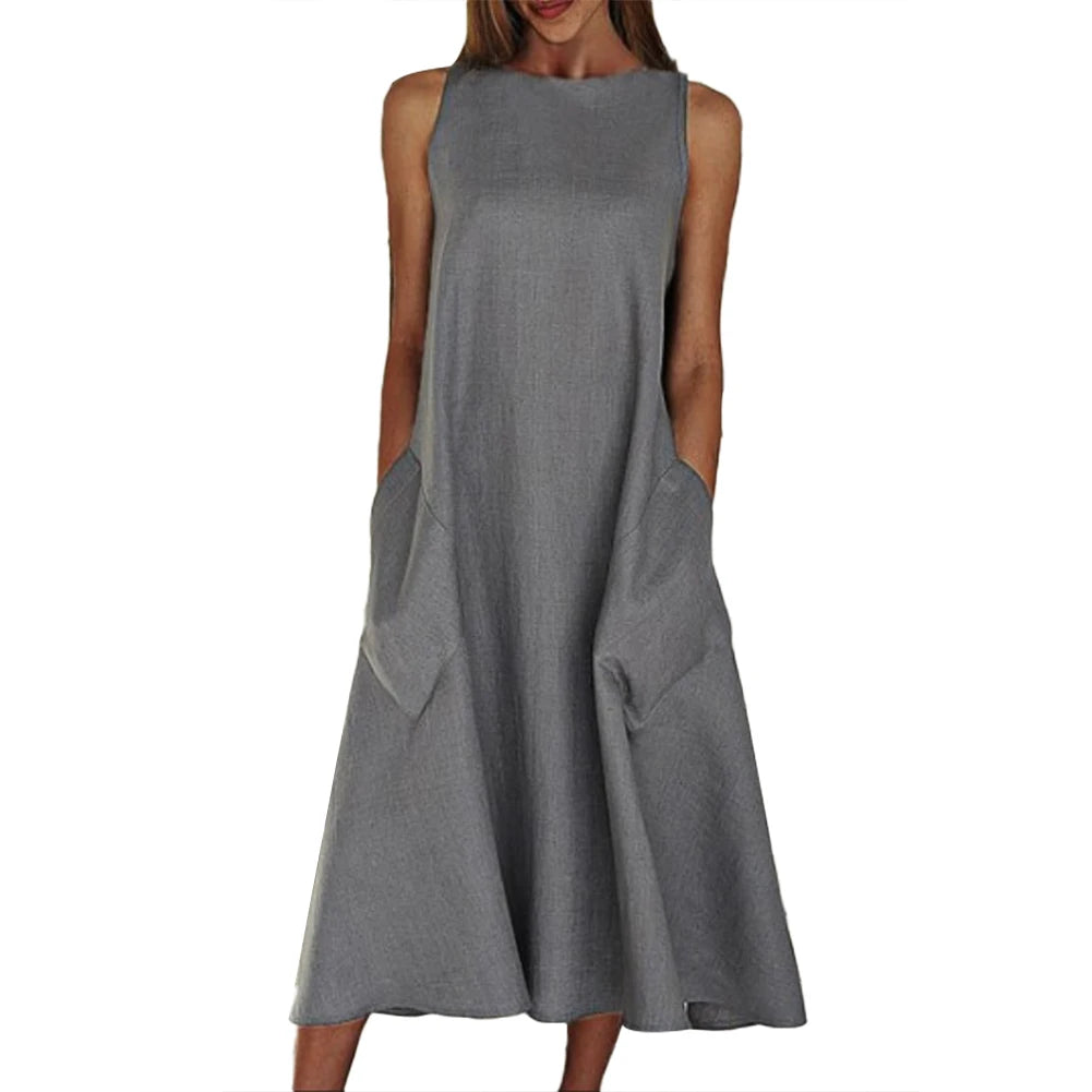 Summer Vintage Dress Women Sleeveless Solid Color O Neck Pockets Large Hem Casual Long Loose Dress Yellow