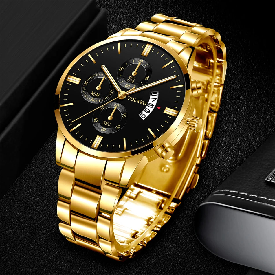Luxury Men Steel Golden Watch Calendar Quartz Wristwatch Chain Bracelet Business Watches Man Clock for Men Relogio Masculino