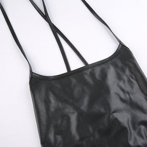 Women Sexy Suspender Mid-length Bodycon Dress Fashion Solid Color Leather Bandage Backless Skinny Split Dress For Female Mujer