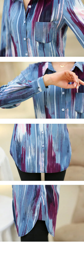 Women Striped Printed Long Sleeve Shirts 2023 New Ladies Loose X-Long Style Casual Shirt Tops Women Clothes Factory Wholesale