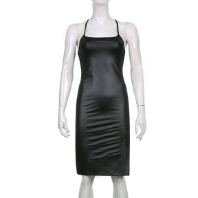 Women Sexy Suspender Mid-length Bodycon Dress Fashion Solid Color Leather Bandage Backless Skinny Split Dress For Female Mujer