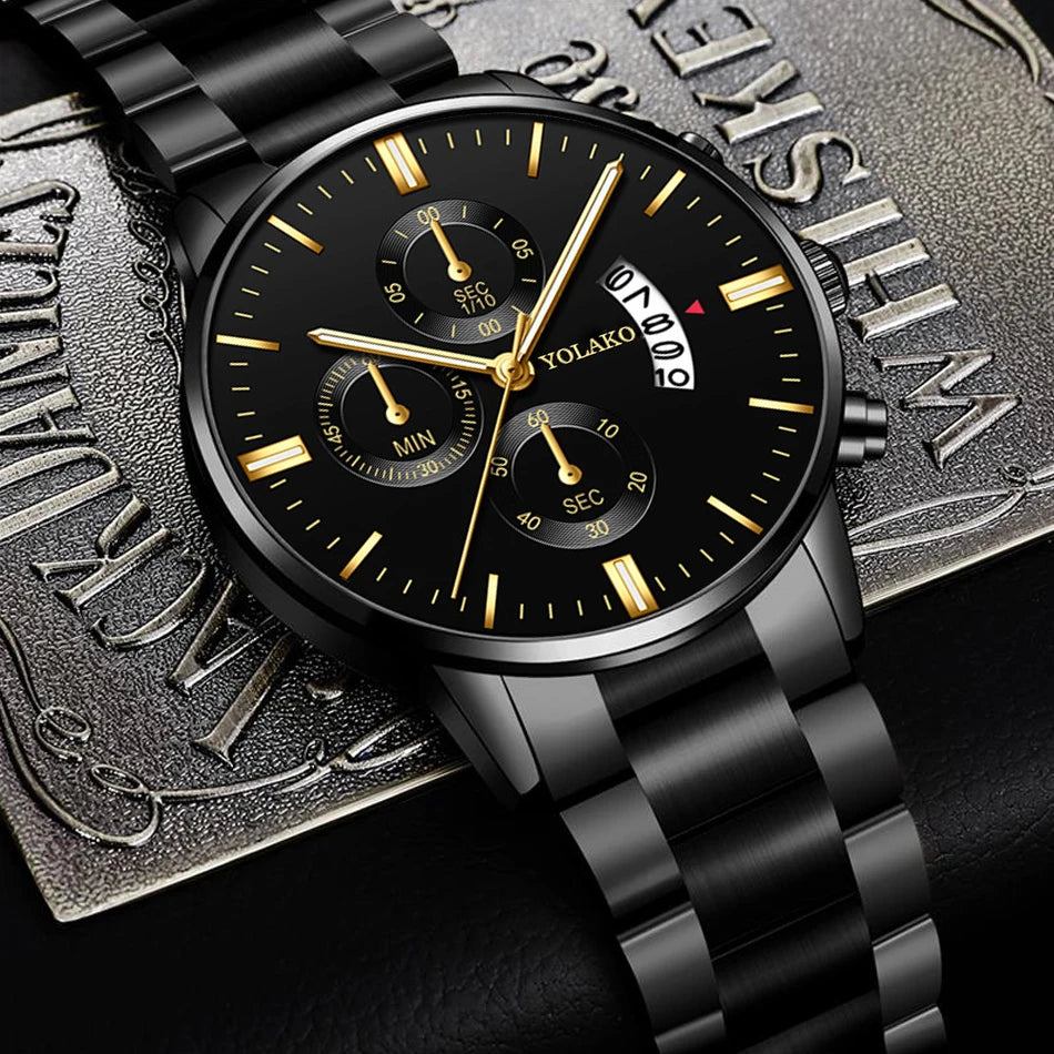 Luxury Men Steel Golden Watch Calendar Quartz Wristwatch Chain Bracelet Business Watches Man Clock for Men Relogio Masculino