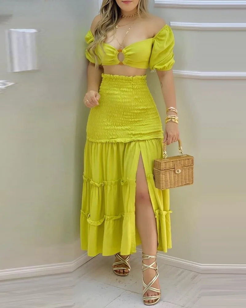 Commuting Style 2023 Fashion Holiday Floral Print O Neck Crop Top Shirr Slit High Waist Women Maxi Skirt Casual Sexy Sets