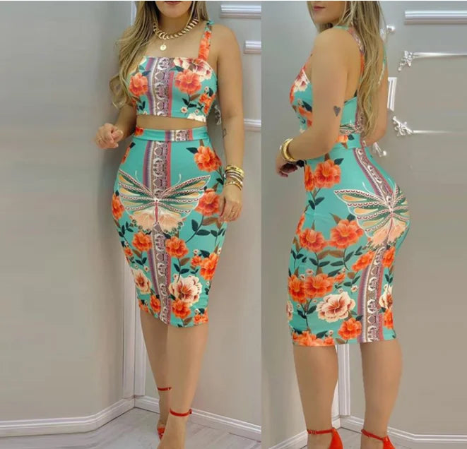 Commuting Style 2023 Fashion Holiday Floral Print O Neck Crop Top Shirr Slit High Waist Women Maxi Skirt Casual Sexy Sets