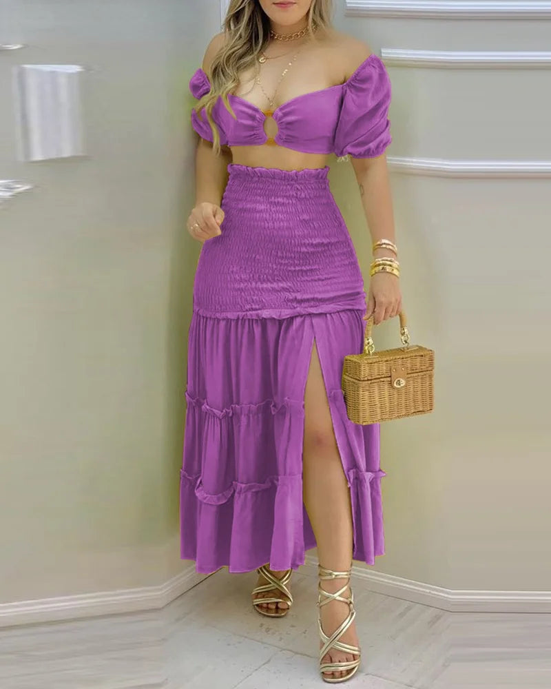 Commuting Style 2023 Fashion Holiday Floral Print O Neck Crop Top Shirr Slit High Waist Women Maxi Skirt Casual Sexy Sets