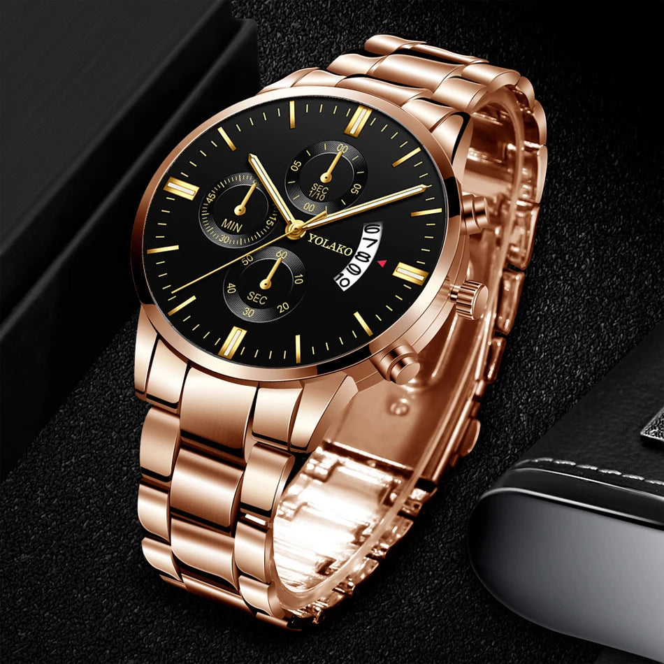 Luxury Men Steel Golden Watch Calendar Quartz Wristwatch Chain Bracelet Business Watches Man Clock for Men Relogio Masculino