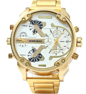 Big Watch Men Luxury Golden Steel Watchband Men's Quartz Watches Dual Time Zone Military Relogio Masculino Casual Clock Man