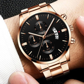 Leisure Business Fashion Men Black Stainless Steel Watch Luxury Calendar Quartz Wrist Watch Mens Business Watches for Man Clock