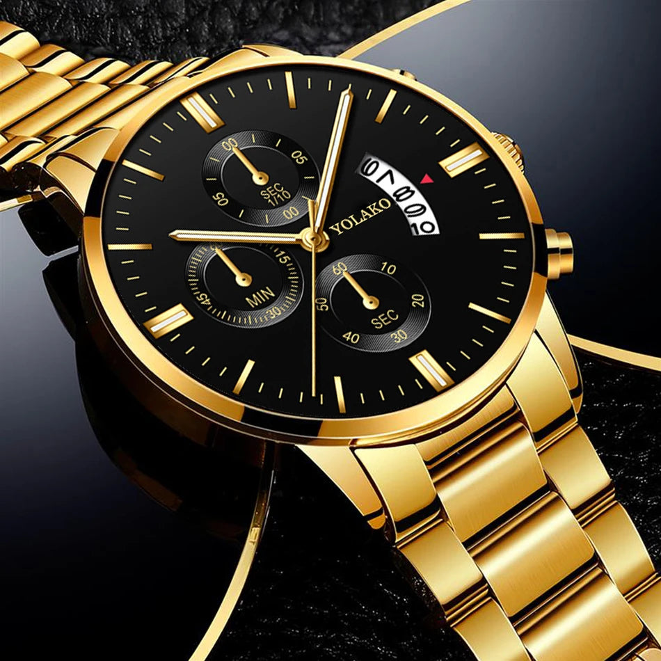 Luxury Men Steel Golden Watch Calendar Quartz Wristwatch Chain Bracelet Business Watches Man Clock for Men Relogio Masculino