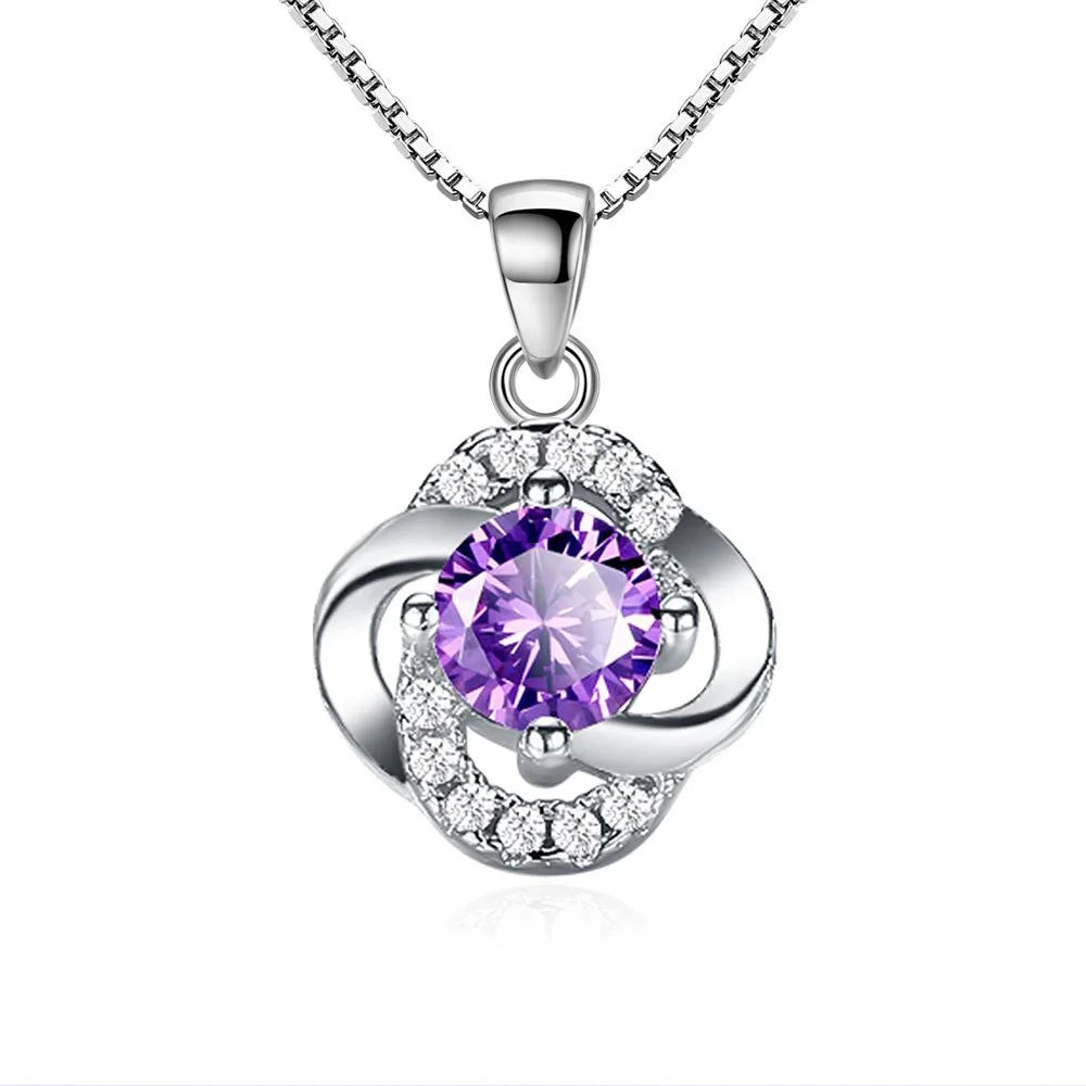 Female 925 Sterling Silver Flower Amethyst Pendants And Necklaces For Women Wedding Party Fashion Jewelry