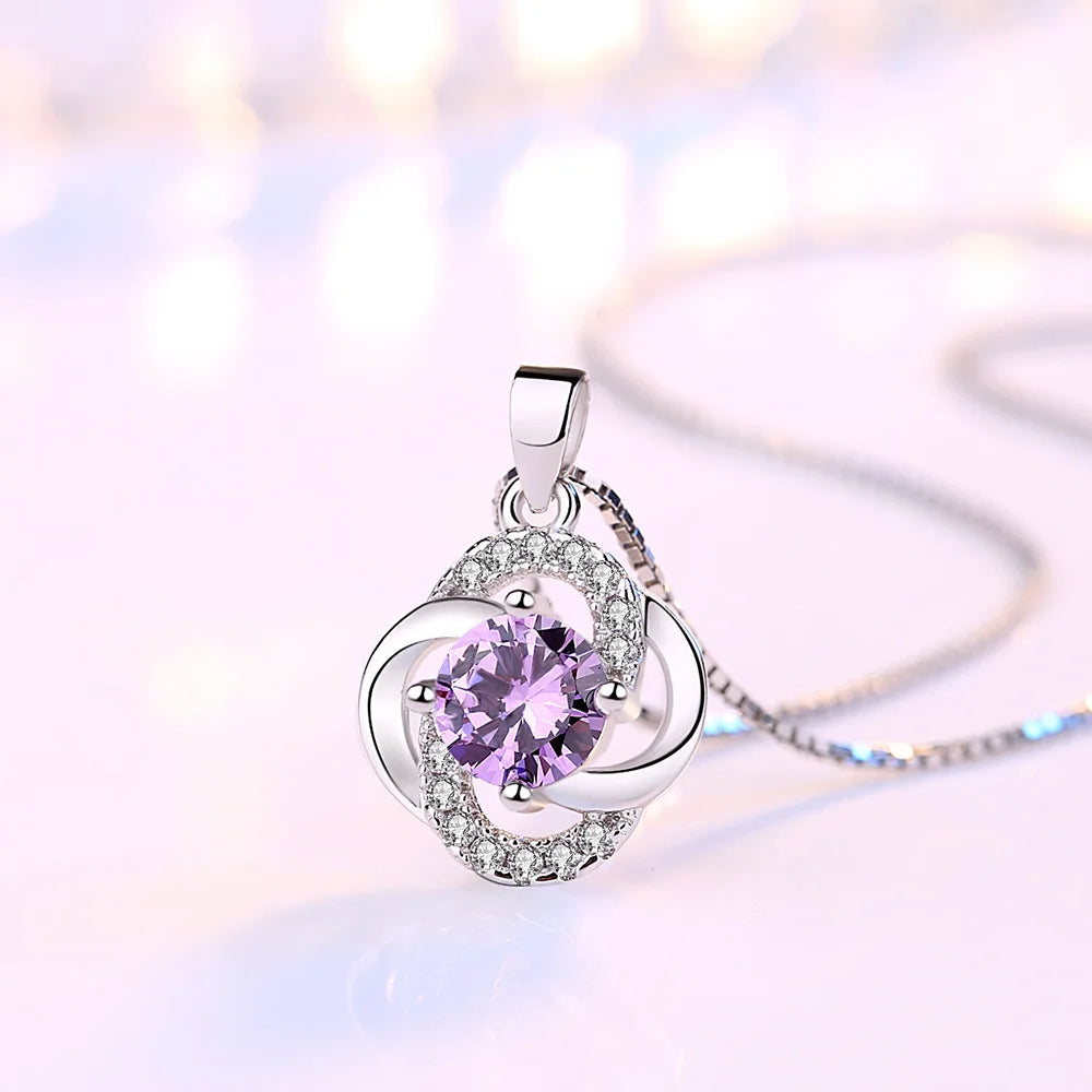 Female 925 Sterling Silver Flower Amethyst Pendants And Necklaces For Women Wedding Party Fashion Jewelry