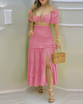 Commuting Style 2023 Fashion Holiday Floral Print O Neck Crop Top Shirr Slit High Waist Women Maxi Skirt Casual Sexy Sets