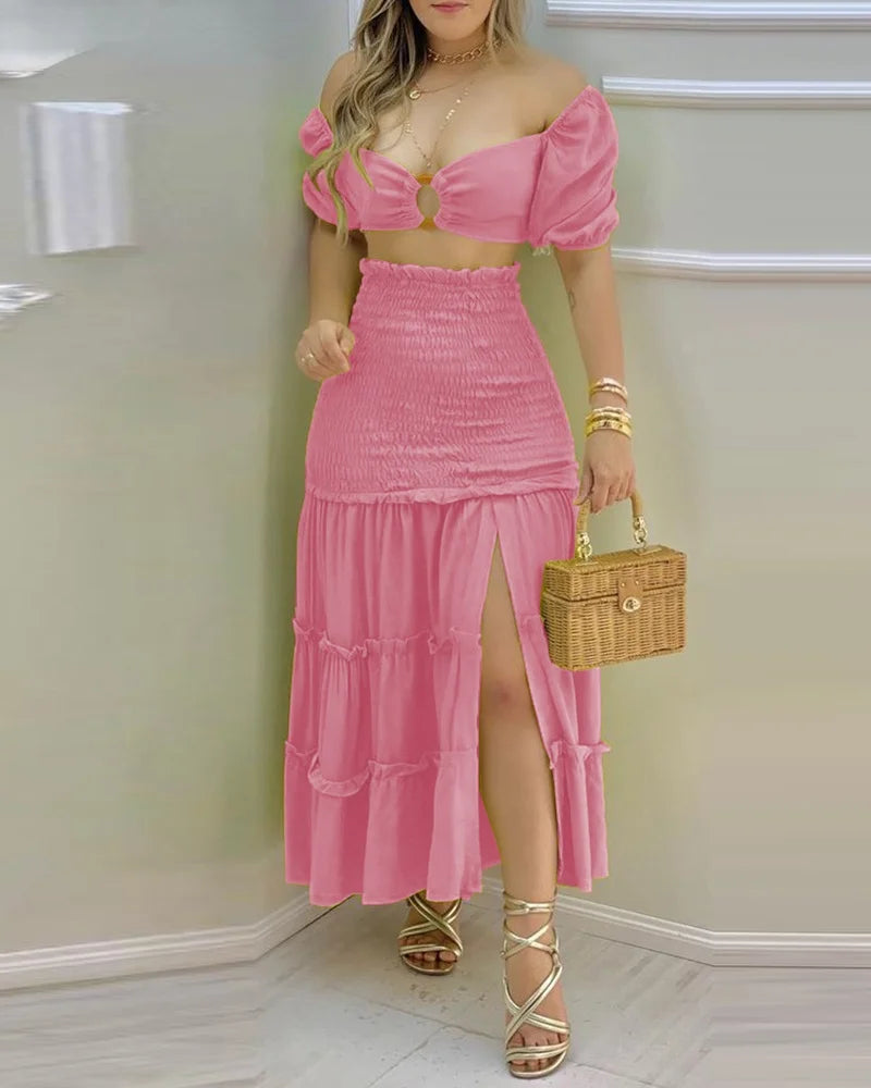 Commuting Style 2023 Fashion Holiday Floral Print O Neck Crop Top Shirr Slit High Waist Women Maxi Skirt Casual Sexy Sets