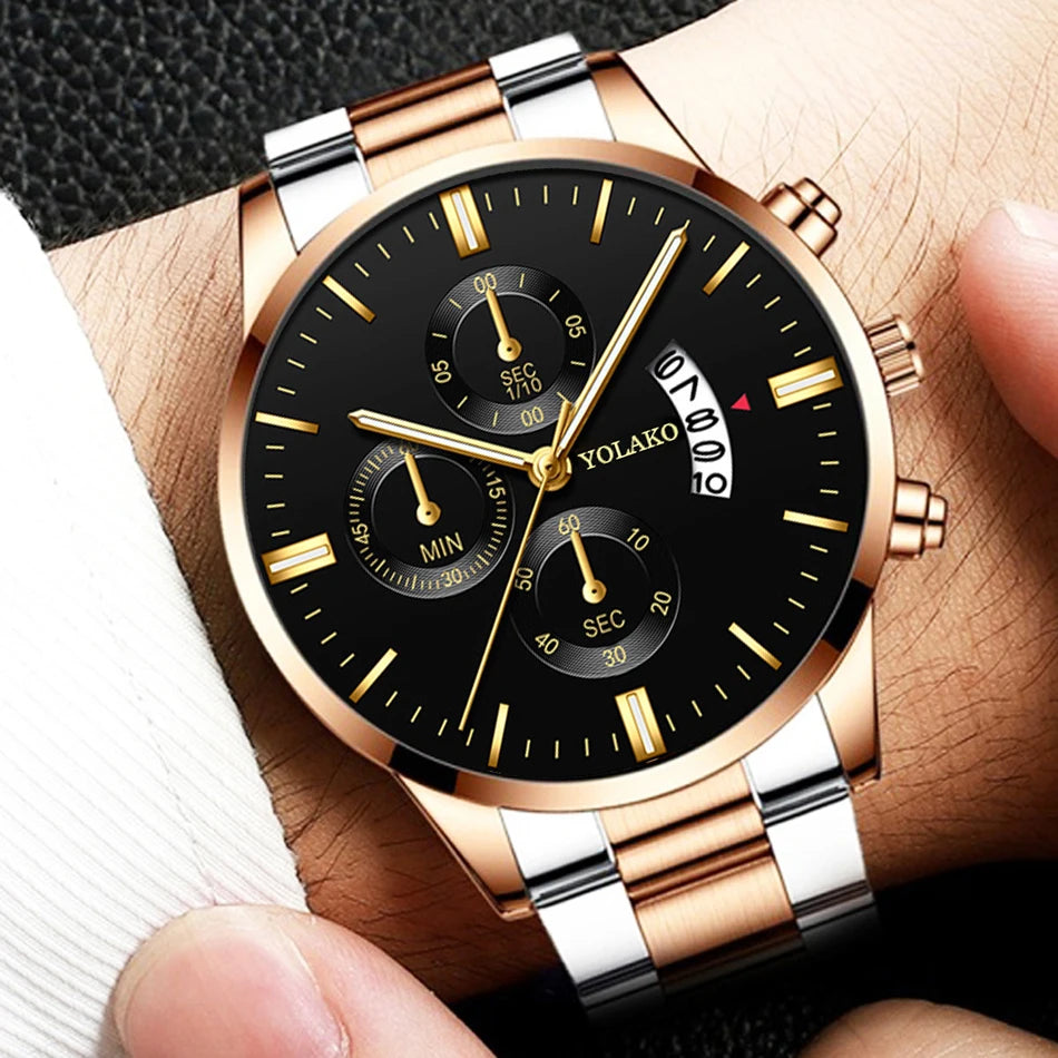 Luxury Men Steel Golden Watch Calendar Quartz Wristwatch Chain Bracelet Business Watches Man Clock for Men Relogio Masculino