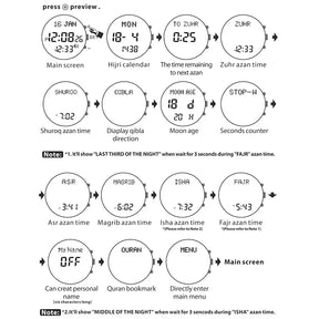 Muslim Azan Watch for Prayer with Qibla Compass Adhan Alarm Hijri Islamic Al Harameen Fajr Time Wristwatch Multi Languages