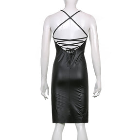 Women Sexy Suspender Mid-length Bodycon Dress Fashion Solid Color Leather Bandage Backless Skinny Split Dress For Female Mujer
