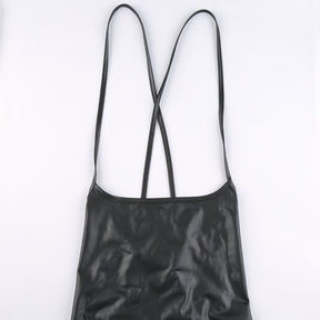Women Sexy Suspender Mid-length Bodycon Dress Fashion Solid Color Leather Bandage Backless Skinny Split Dress For Female Mujer