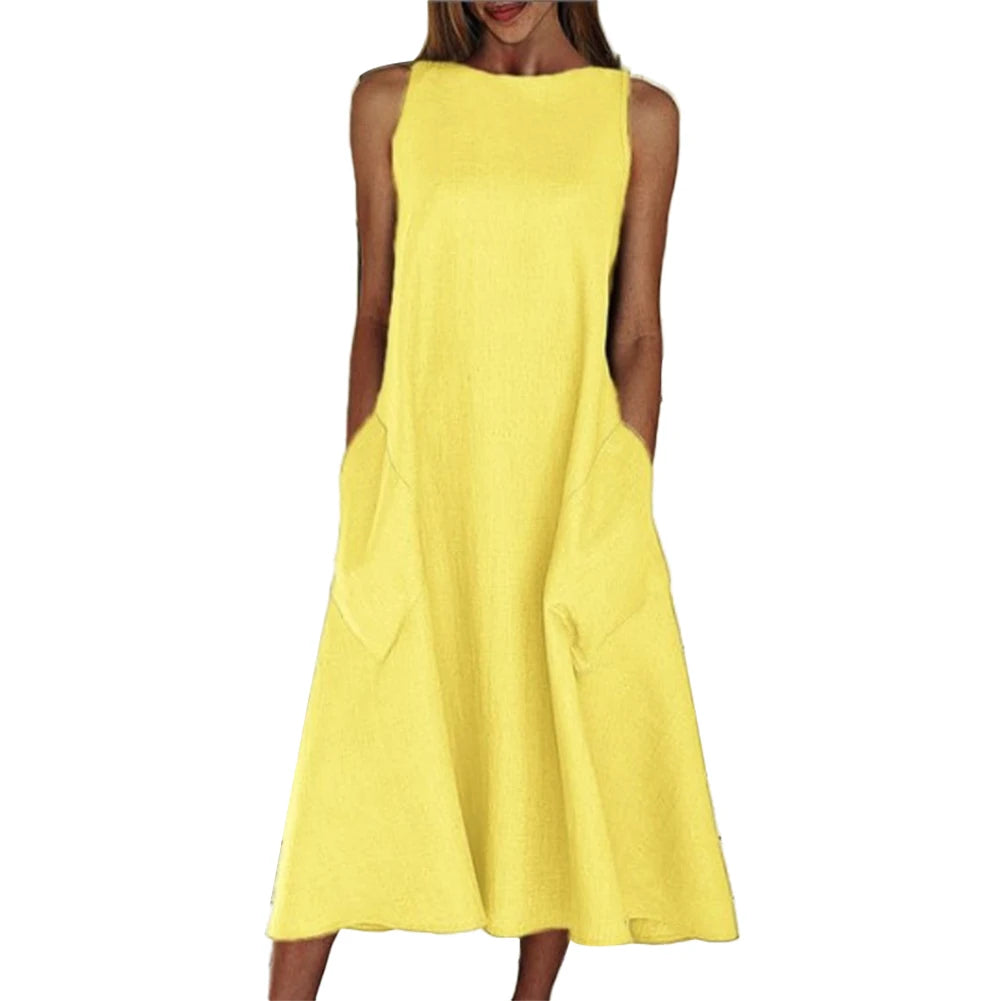 Summer Vintage Dress Women Sleeveless Solid Color O Neck Pockets Large Hem Casual Long Loose Dress Yellow